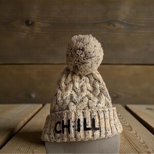 Bow and Drape Ivory heathered speckled wool Beanie w Pom-Pom & Emoji NWOT